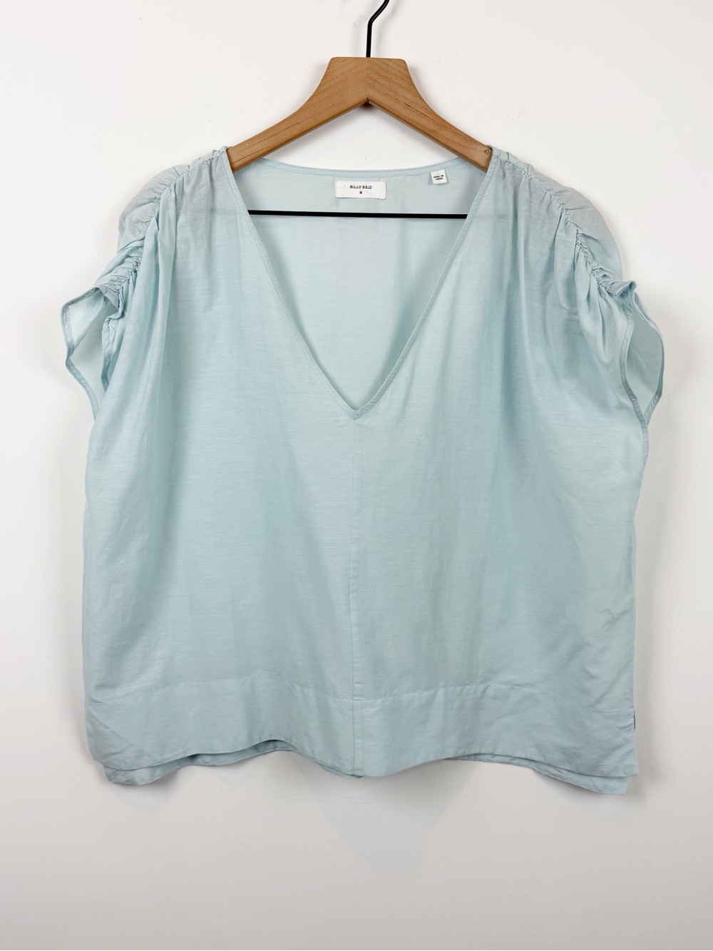 Billy Reid Silk and Cotton Blend Ruched Cap Sleeve V Neck Popover Blouse